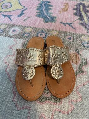 Jack Rogers Metallic Gold Embossed Leather Thong Sandals